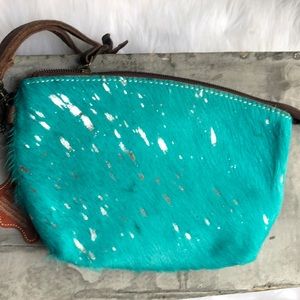 Turquoise Cowhide makeup style clutch